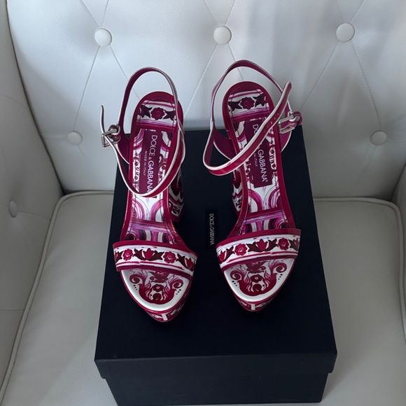 💯 Authentic DOLCE &GABBANA Keira Maiolica Leather Fuchsia &White Platform Sandal - Picture 8 of 17
